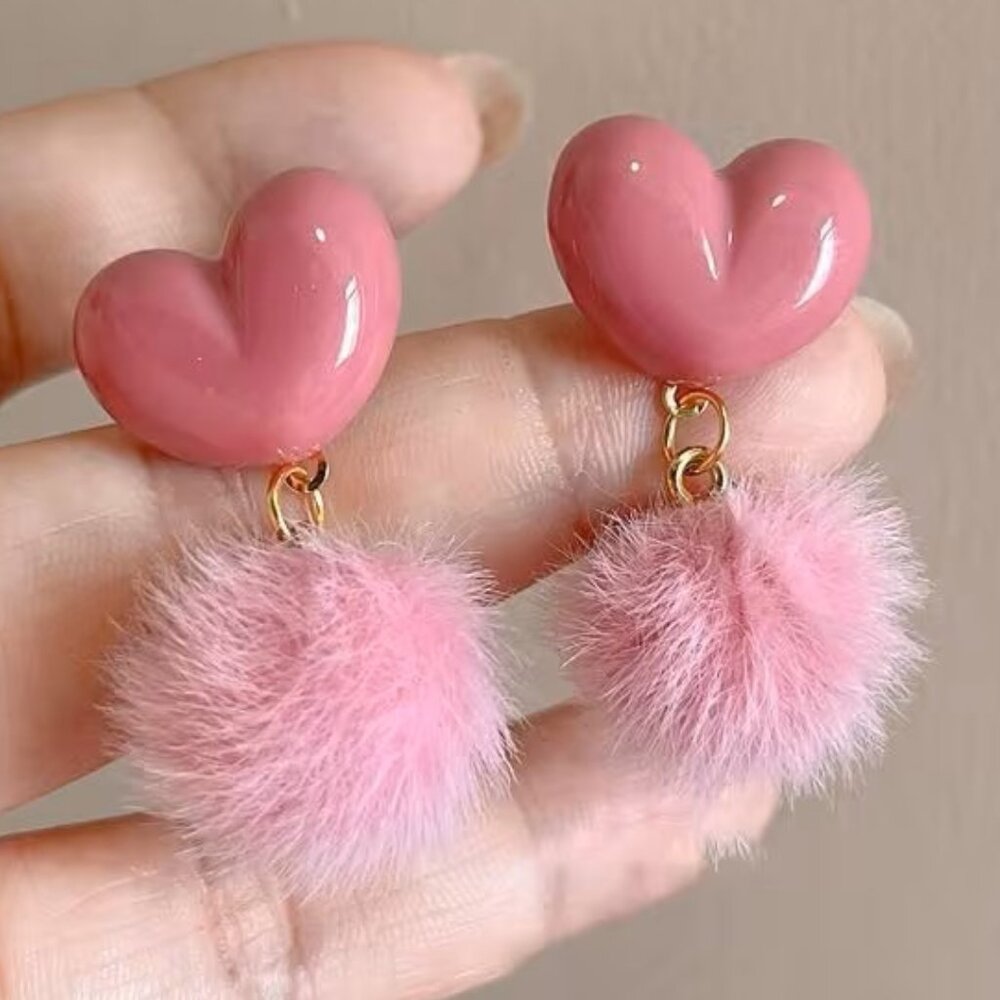 Adorable Rose Pink Dangle Heart Puff Ball Earrings Z182
